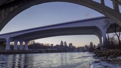 Winter Dusk under the 35W Bridge in Minneapolis Video stock 81221930