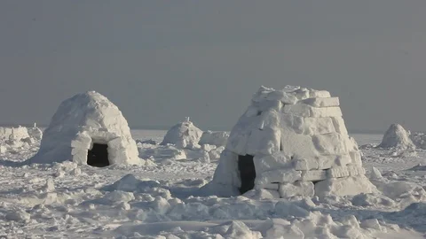 Winter dwelling of Eskimos. Igloo. Eskimos village. Stock Footage 86318587