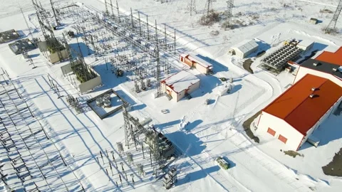 Winter Electrical Substation Powering Data Center in Snowy Industrial Landscape Stock Footage 331407858