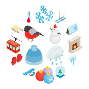 Winter elements icons set, isometric 3d style Stock Illustration