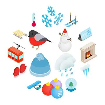 Winter elements icons set, isometric 3d style Stock Illustration