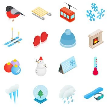 Winter elements icons set, isometric 3d style Stock Illustration