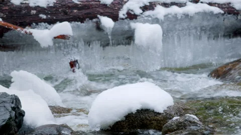 Winter Elements of Nature with Snowy Stream Stock Footage 304970038