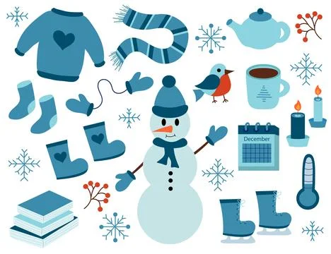 Winter elements set. Snowman in hat. Sweater, socks, boots, scarf Stock Illustration