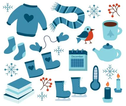 Winter elements set. Sweater, socks, boots, scarf, mittens, skates Illustrazione stock