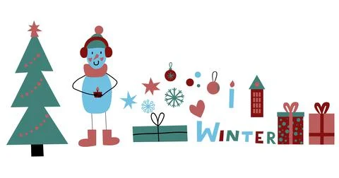 Winter elements for wrapping paper. snowman and christmas tree on white イラスト素材