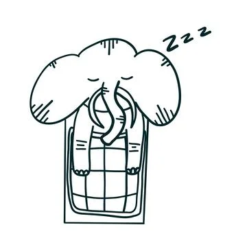 Winter elephant sleeping in outline doodle style. Stock Illustration