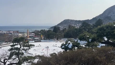 Winter Empty Snow Covered Park View from Hill Hokkaido Japan Stock Footage 346686082