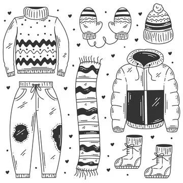 Winter essentials hand drawn doodle coloring Stock Illustration
