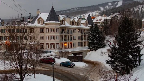Winter evening getting dark at ski resort in mont tremblant timelapse Stock Footage 121698696
