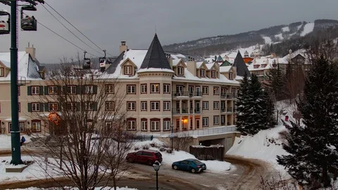 Winter evening getting dark at ski resort in mont tremblant timelapse Stock Footage 128190641