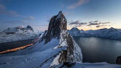 Winter evening over Segla Mountain on Senja Island in Norway Stock Photos