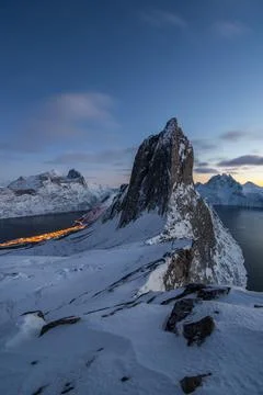 Winter evening over Segla Mountain on Senja Island in Norway Stock Photos