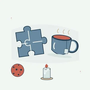 Winter evening puzzle and tea arrangement. Decorative flat vector composition Stock Illustration