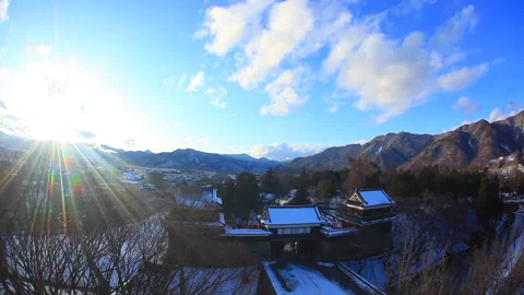 Winter Evening View of Ueda Castle, Fisheye Lens Stockbeeldmateriaal 330734597