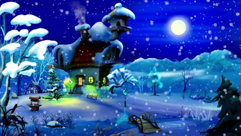 Winter fairytale cottage under full moon with falling snow Stock-Footage 333484553