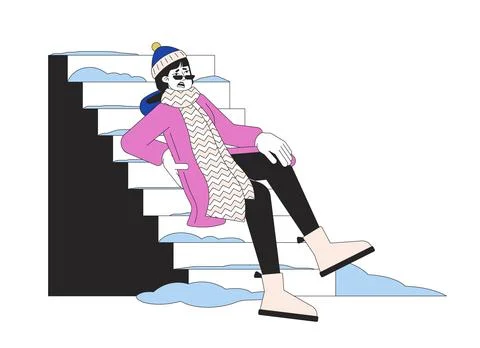 Winter fall hazard on stairs line cartoon flat illustration Ilustração Stock