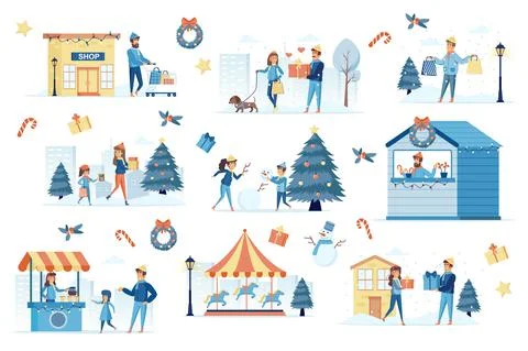 Winter festival bundle of flat scenes. Stock Illustration