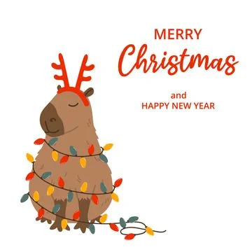 Winter festive card on white background. Capybara, red horn accessory, garland Illustrazione stock
