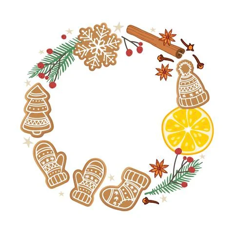 Winter festive wreath. Round frame with gingerbread cookies, christmas tree Stock Illustration