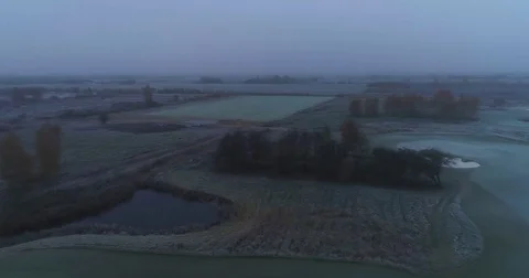 Winter field drone flight evening frozen low light Stock Footage 84308391