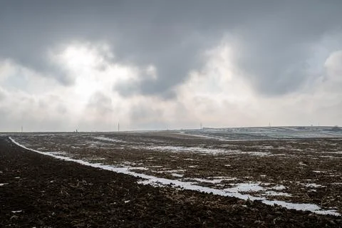 Winter Field Under Cloudy Sky Stock Photos