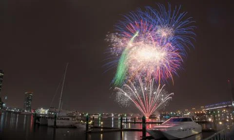 Winter Fireworks at Docklands Harbour Stock Photos