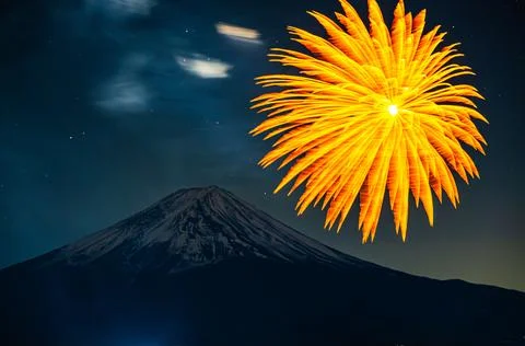 Winter Fireworks Exploding Over Lake Kawaguchi and Mt. Fuji 스톡 사진