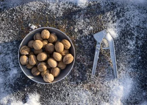 Winter flat lay with  walnut,   cracked nut with nutshell, Nutcracker  on iro Stock Photos