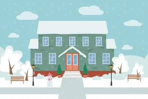 Winter Flat vector illustration of a green house, winter landscape. Stock Illustration