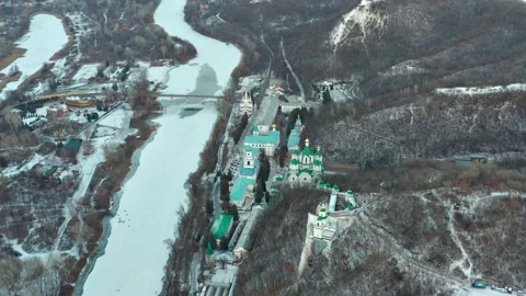 Winter flight over the Holy Dormition Svyatogorsk Lavra. Stock Footage 194569208