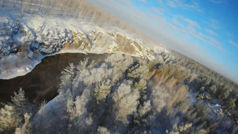 Winter flight over river from water comes steam Stock Footage 170057502