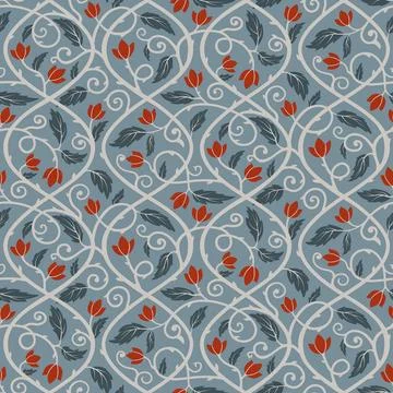 Winter floral seamless pattern. Red flowers, white floral vines and leaves on Stock Illustration