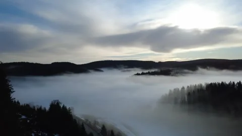 Winter Fog Inversion Over Black Forest Hills Drone Aerial Landscape Stock Footage 329247567