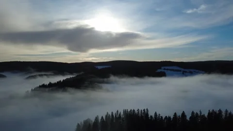 Winter Fog Inversion Over Black Forest Hills Drone Aerial Landscape Stock Footage 329247942
