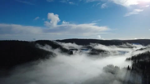 Winter fog over Black Forest mountains aerial landscape panorama Stock Footage 329371232