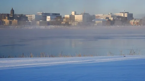 Winter Fog Rolling Down the River in Fredericton New Brunswick during Sunrise. Stock Footage 98949137
