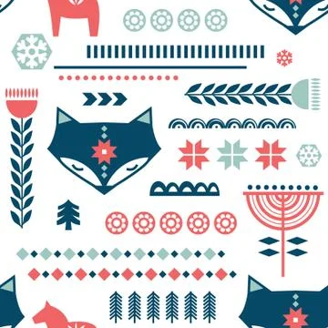 Winter folk art seamless pattern in Scandinavian, Nordic style. Stock Illustration