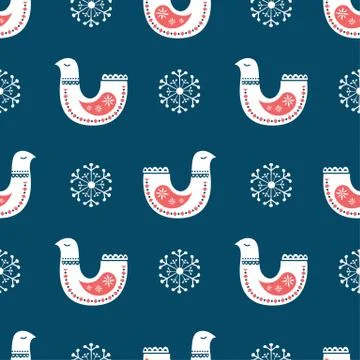 Winter folk art seamless pattern in Scandinavian, Nordic style. Stock Illustration