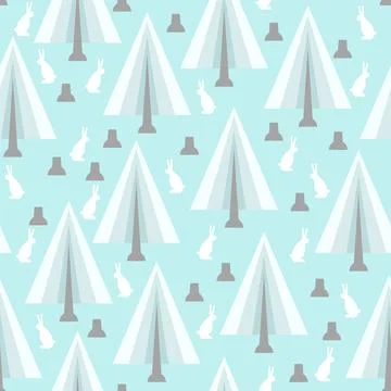 Winter Forest and hare pattern seamless. Trees and rabbit background Stock Illustration