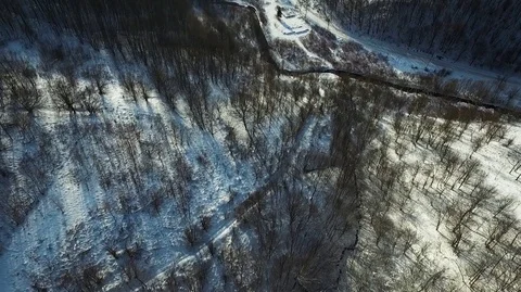Winter forest and mountain river from a bird's-eye view Stockbeeldmateriaal 71126091