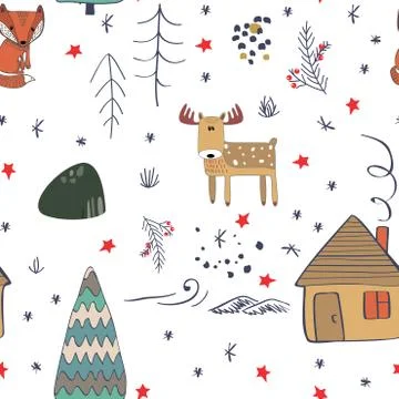 Winter forest background with animals and trees. Seamless pattern イラスト素材