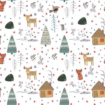 Winter forest background with animals and trees. Seamless pattern Stock Illustration