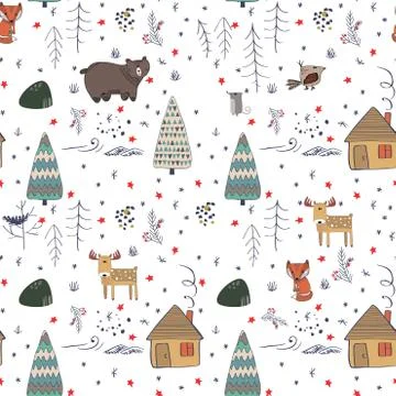 Winter forest background with animals and trees. Seamless pattern Illustrazione stock
