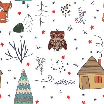 Winter forest background with animals and trees. Seamless pattern Illustrazione stock