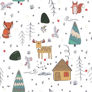Winter forest background with animals and trees. Seamless pattern Stock Illustration