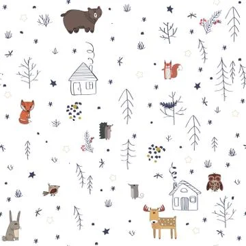Winter forest background with animals and trees. Seamless pattern Stock Illustration