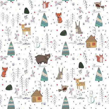 Winter forest background with animals and trees. Seamless pattern Stock Illustration