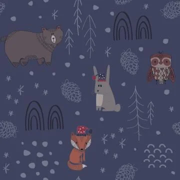 Winter forest background with animals and trees. Seamless pattern Illustrazione stock