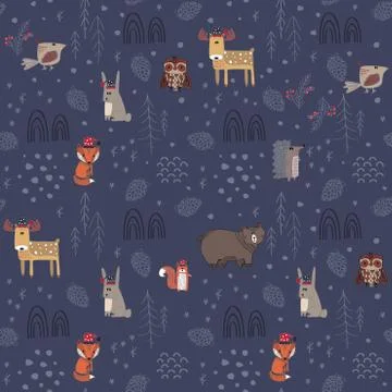 Winter forest background with animals and trees. Seamless pattern Illustrazione stock